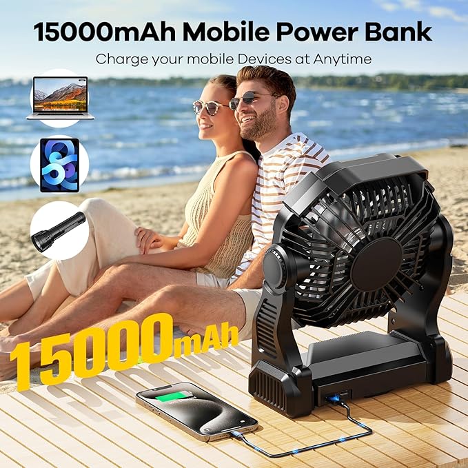 15000mAh Portable Battery Powered Camping Fan - with LED Light, Quiet Battery Operated, Camping Gear for Travel, Tent, Beach, Car or Hurricane Power Outages，Black-BubblyBeeBaby