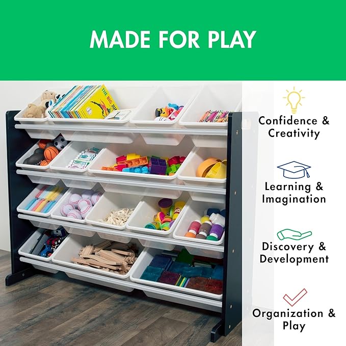 Humble Crew Supersized Toy Storage Organizer with 16 Removable Bins, Black/White – Large Toy Storage for Toddlers Ideal for Kids' Rooms, Playrooms, and Nurseries - Modern Toy Bins for Kids-BubblyBeeBaby