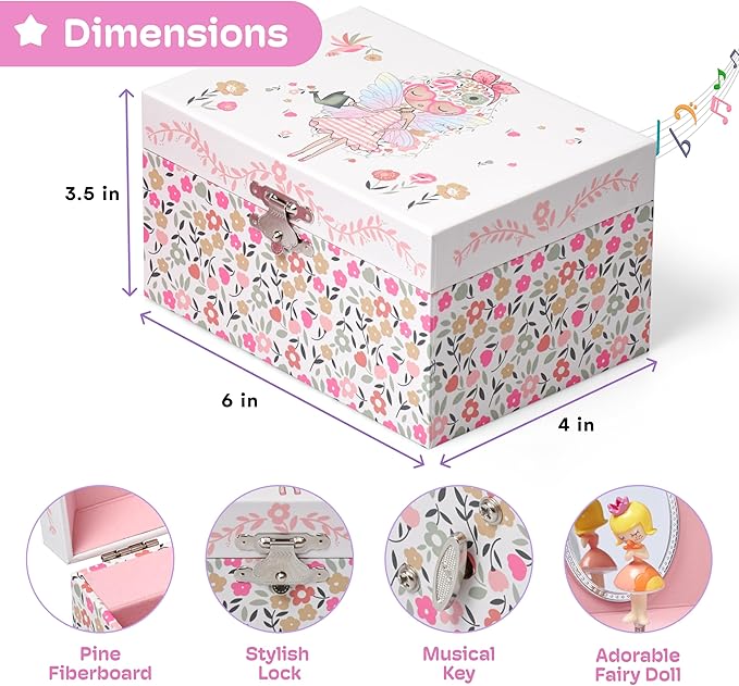 Jewelkeeper Girls Musical Jewelry Box - Durable Pine Fiberboard with Pink Lining - Kids Jewelry Box - The Beautiful Dreamer Tune - Gifts for Girls - Fairy Jewellery Box - 6x4x3.5in-BubblyBeeBaby