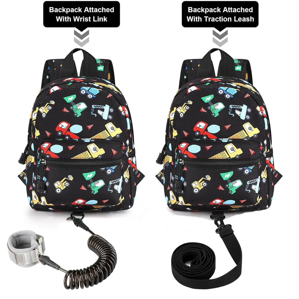Accmor Toddler Harness Backpack Leash, Cute Excavator Kids Backpack with Anti Lost Wrist Link for Outdoor Walking, Mini Black Child Backpack Wristband Tether Leashes for Boys Girls Aged 1-3 Years Old