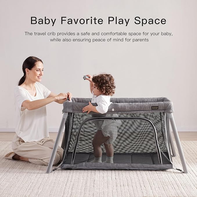 2 in 1 Portable Travel Crib for Toddler, Foldable Crib for Baby, Lightweight Playpen Collapsible Playard with Soft Mattress, Easy to Carry Baby Travel Bed for Outdoor, Indoor (Grey)-BubblyBeeBaby