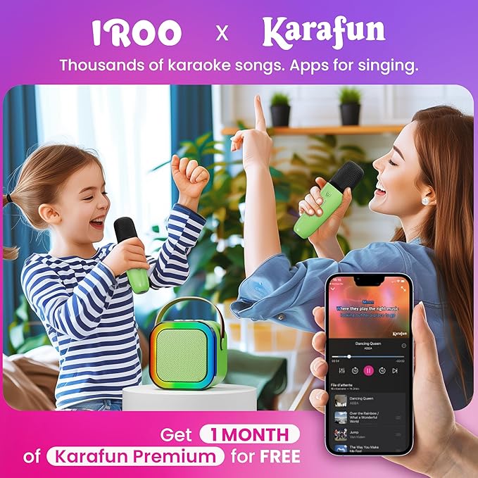 IROO Mini Karaoke Machine for Kids, 2025 TOP Toys Birthday Gifts Ideas for Girls Ages 4, 5, 6, 7, 8, 9, 10, 12+ Years Old, Portable MP3 Player with 2 Wireless Mics for Party-BubblyBeeBaby