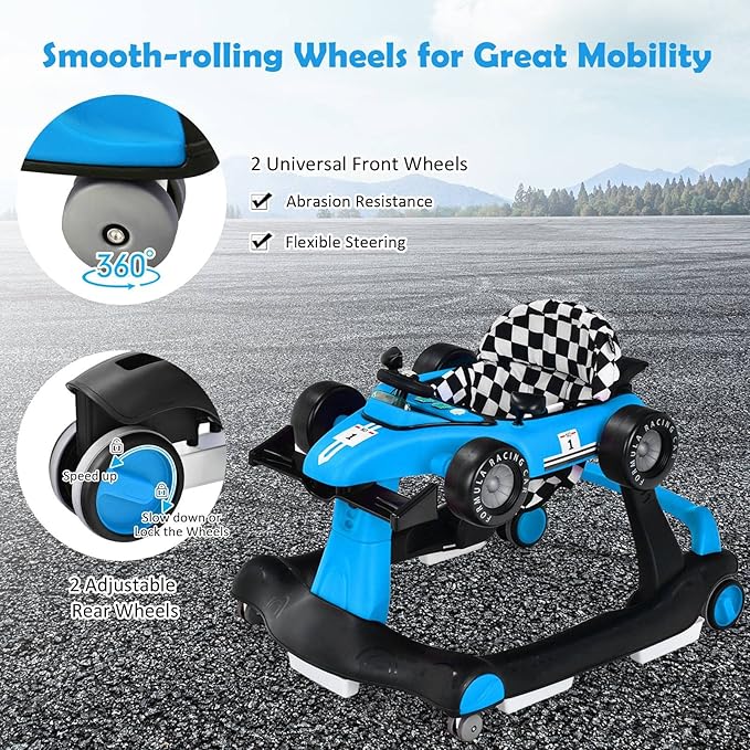 HONEY JOY 4-in-1 Baby Walker, Activity Push Walker w/3 Adjustable Heights, Smooth Wheels w/Adjustable Speed, Padded Seat, Music & Light, Foldable Car Walker for Baby Boys Girls Age 6 Months+ (Blue)-BubblyBeeBaby