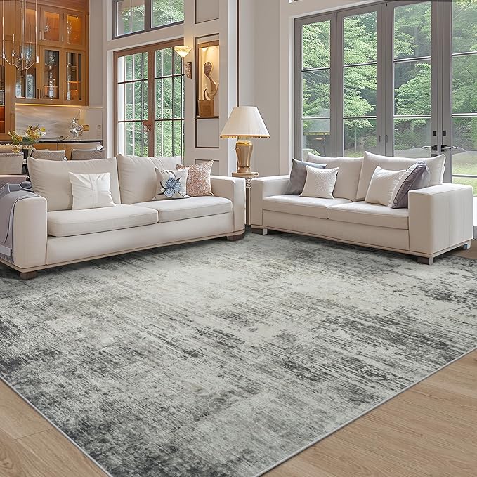 10x14 Area Rugs for Living Room: Soft Abstract Large Area Rug Non-Shedding Anti-Skid Stain Resistant Indoor Floor Modern Washable Rugs for Bedroom Dining Room Nursery Farmhouse Home Office-Black/Gray-BubblyBeeBaby