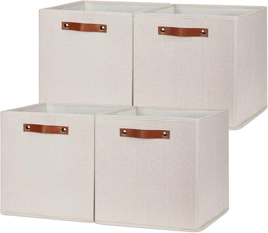 HNZIGE Large Storage Baskets Set of 4 Collapsible Storage Baskets,13x13 Storage Cube Bins with Handles,Foldable Storage Cube Bins for Shelves(cream)-BubblyBeeBaby