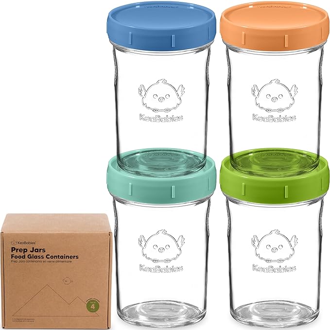 KeaBabies 4pk 8oz Glass Baby Food Containers with Lids - Leak-Proof, Microwavable Small Glass Jars, Baby Purees & Toddler Snack Storage Containers, BPA-Free, Dishwasher & Freezer Safe (Kea)-BubblyBeeBaby