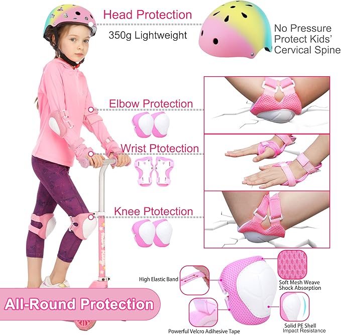Kids Bike Helmet with DIY Stickers and Knee Pads Elbow Pads Wrist Guard Set for Ages 3-8-14 Toddler Boys Girls Helmet for Roller Skates Cycling Skateboarding Bicycle Scooter-BubblyBeeBaby