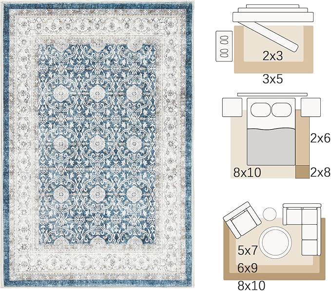 jinchan Floral 8x10 Area Rugs for Living Room Machine Washable Vintage Distressed Boho Design Throw Rug Stain Resistant Carpet Low-Pile Thin Non-Slip for Bedroom Dining Room Nursery (8‘x10',Dark Blue)-BubblyBeeBaby