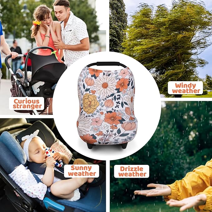 Rquite All-in-1 Car Seat Cover Baby, Carseat Covers for Girl Boy, Stretchy Soft Infant Car Seat Cover, Multi-use Baby Carrier Cover, Car Seat Canopy, Stroller Sun Shade, Nursing Breastfeeding Cover-BubblyBeeBaby