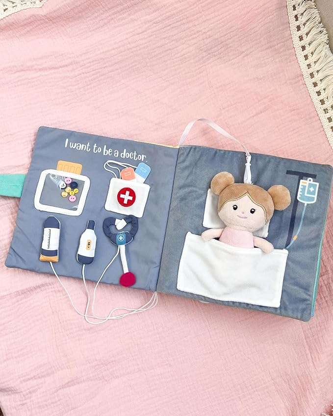 Interactive Sensory Soft Cloth Book, Educational Crinkle Quiet Activity Busy Book for Babies,Toddler Travel Toy Gift for Boys and Girls (I Want to Be)-BubblyBeeBaby