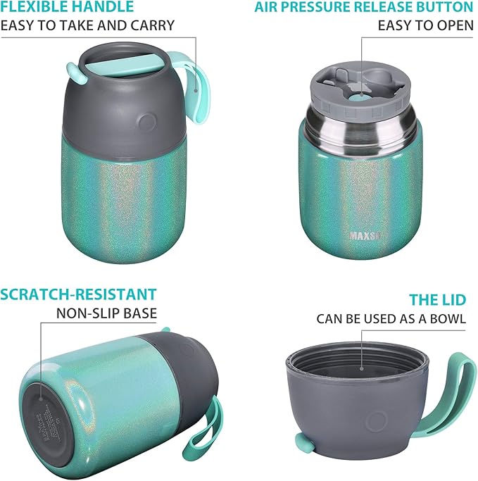 Insulated Food Jar for Hot & Cold Food for Kids Adult,17 oz Soup Thermo Hot Food Containers for Lunch, Triple Layer Insulation Stainless Steel Food Jar with Spoon (GPeacock)-BubblyBeeBaby