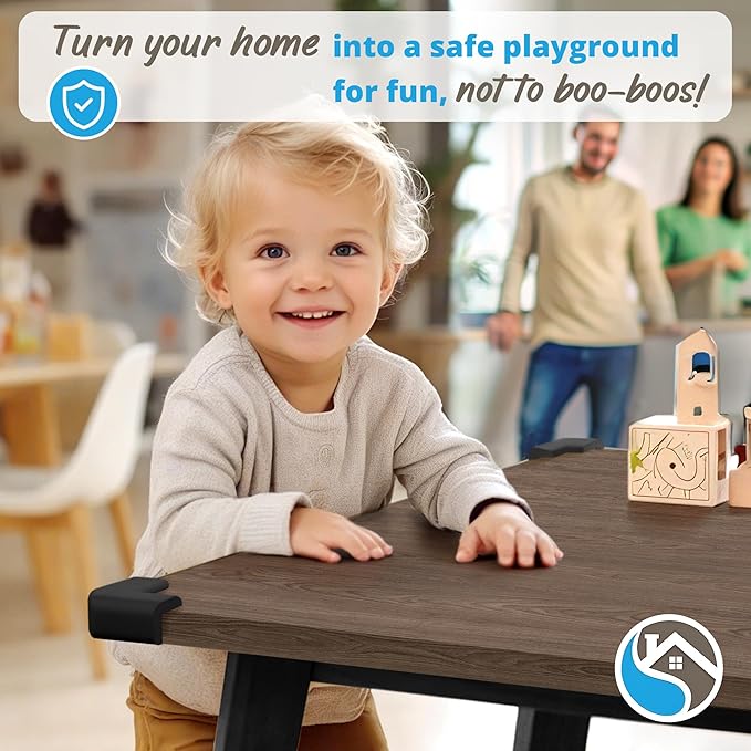 12-Pack Corner Protectors Baby Proof, Furniture Corner and Edge Safety Bumpers, Soft Rubber Foam Cushion Covers, 3M Taped Corner Guards, Baby Child Proofing Pads, Table Corner Protectors, Black-BubblyBeeBaby