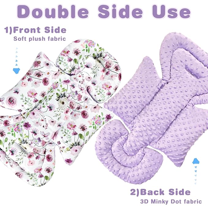 3-in-1 Infant Car Seat Insert, Soft Head and Body Support,Ultra & Strap Covers Set, Reversible Newborn Car Seat Cushion Pad for Baby Boy & Girl fits Stroller, Swing, Bouncer (Purple Flowers)-BubblyBeeBaby