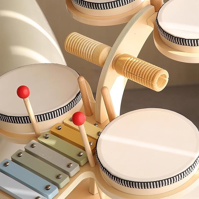 iPlay, iLearn Toddler Wooden Drum Set, Kids Musical Instruments Toy, 8 in 1 Percussion Drum Kit W/Xylophone Cymbal, Baby Montessori Learning Birthday Gifts for 18 Month, 2 3 4 5 6 Year Old Boy Girl-BubblyBeeBaby