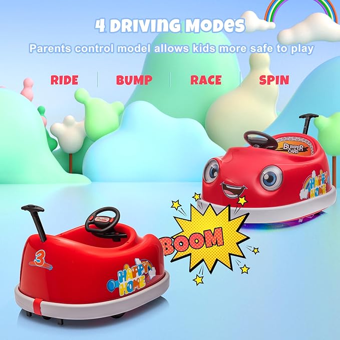 12V Dual Battery Electric Ride on Kids Bumper Car w/Remote Control,360 Degree Spin,Push Rod Rocker Horse Function,3-Speeds Babies & Toddlers Bumping Car Ride on Toy Gift for 1-4 Years Children (Red)-BubblyBeeBaby