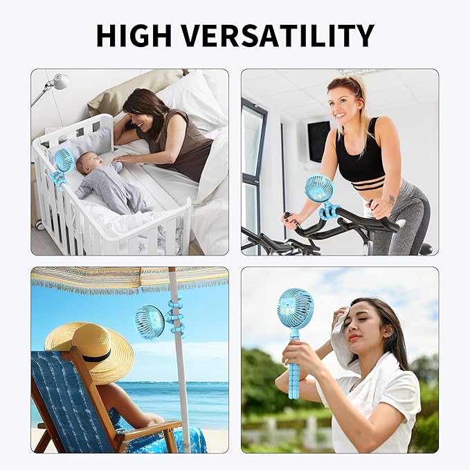AMACOOL Battery Operated Stroller Fan Flexible Tripod Clip On Fan with 3 Speeds and Rotatable Handheld Personal Fans for Car Seat Crib Bike Treadmill (Blue)-BubblyBeeBaby