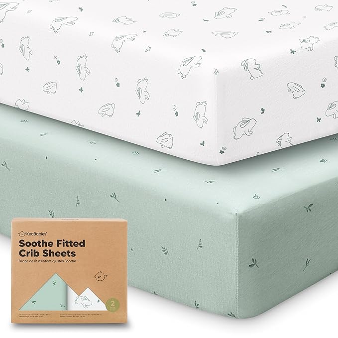 KeaBabies 2-Pack Organic Crib Sheets for Boys, Girls - 52x28 Fitted Crib Mattress Sheet Neutral, Breathable Jersey Cotton Cover for Baby Bed, Toddler Mattress, Soft & Cute Prints (Bunnies)-BubblyBeeBaby