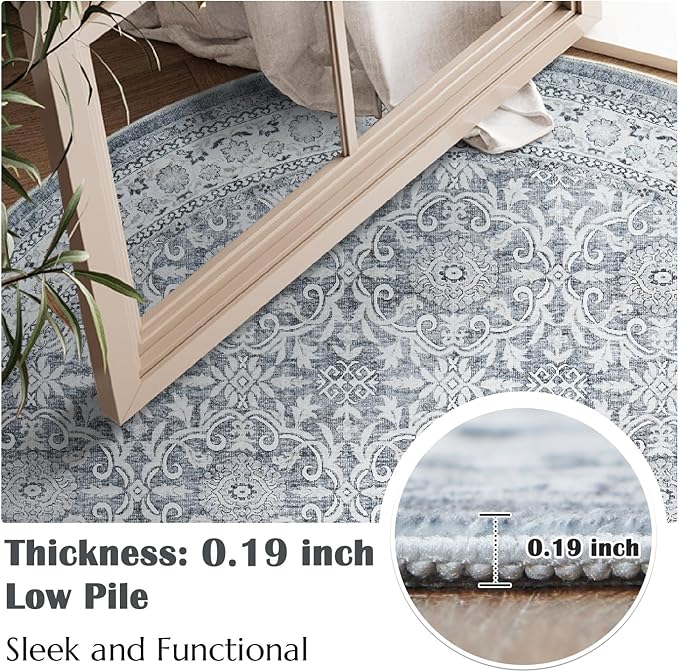 jinchan Round Rug 7ft Washable Circle Soft Rug - Low Pile Vintage 7'Round Indoor Grey Floral Print Stain Resistant Boho Carpet Ultra-Thin Non-Slip for Living Room Bedroom Dining Room Kitchen-BubblyBeeBaby