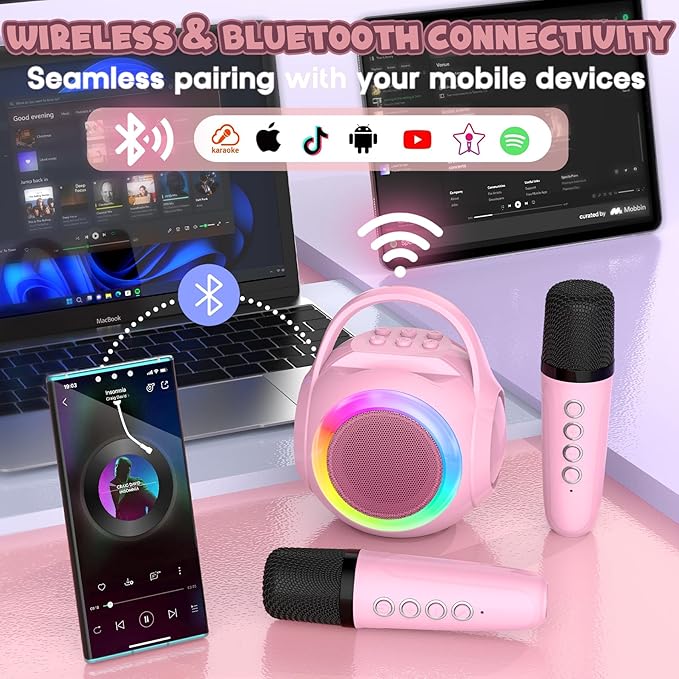 Hockvill Mini Karaoke Machine for Kids with Microphone, Bluetooth Toddler Karaoke Toy with LED Lights, Rechargeable Portable Speaker for Girls & Boys Ages 3-10, Children’s Day & Birthday Gift Ideas-BubblyBeeBaby