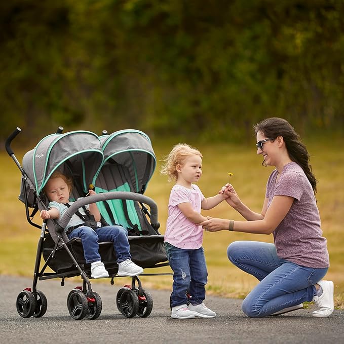 Dream On Me Volgo Twin Umbrella Stroller in Mint, Lightweight Double Stroller for Infant & Toddler, Compact Easy Fold, Large Storage Basket, Large and Adjustable Canopy-BubblyBeeBaby