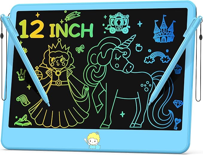 Hockvill LCD Writing Tablet for Kids 12 Inch, Toys for Boys Girls Drawing Pad for 3 4 5 6 7 Year Old Kids Toys, Toddler Erasable Doodle Board Travel Essentials, Children’s Day Gift for Kids - Blue-BubblyBeeBaby