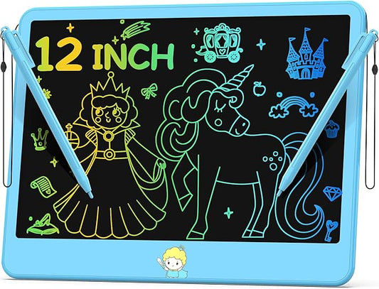 Hockvill LCD Writing Tablet for Kids 12 Inch, Toys for Boys Girls Drawing Pad for 3 4 5 6 7 Year Old Kids Toys, Toddler Erasable Doodle Board Travel Essentials, Children’s Day Gift for Kids - Blue-BubblyBeeBaby