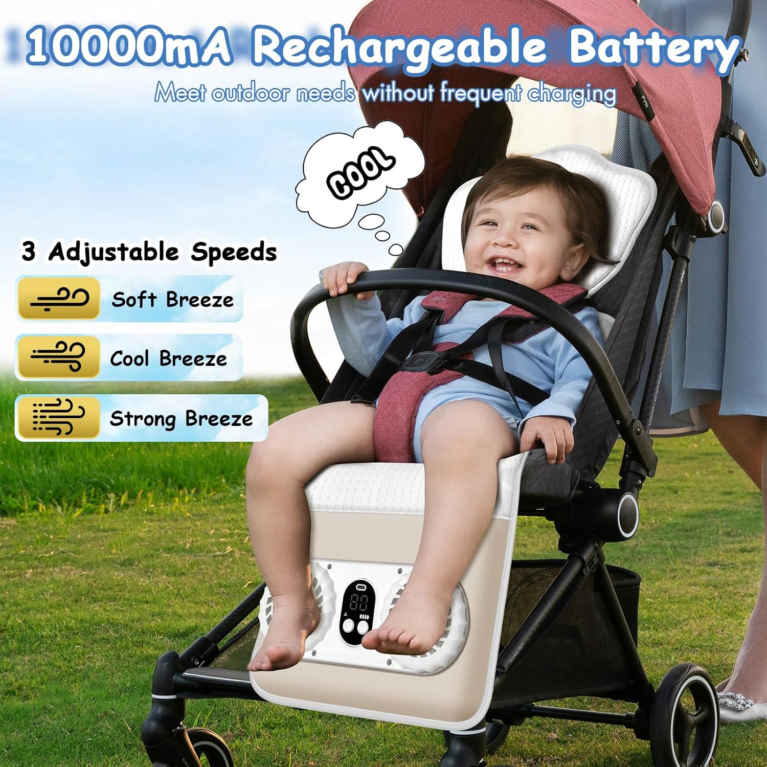 TRELC Baby Stroller Cooling Pad with 2 Fans, 3 Speeds Cooling Cushion, 10000mA Rechargeable Battery, Timer Setting, Breathable & Washable Cooling Pad Liners for Stroller Crib Summer Baby Essentials