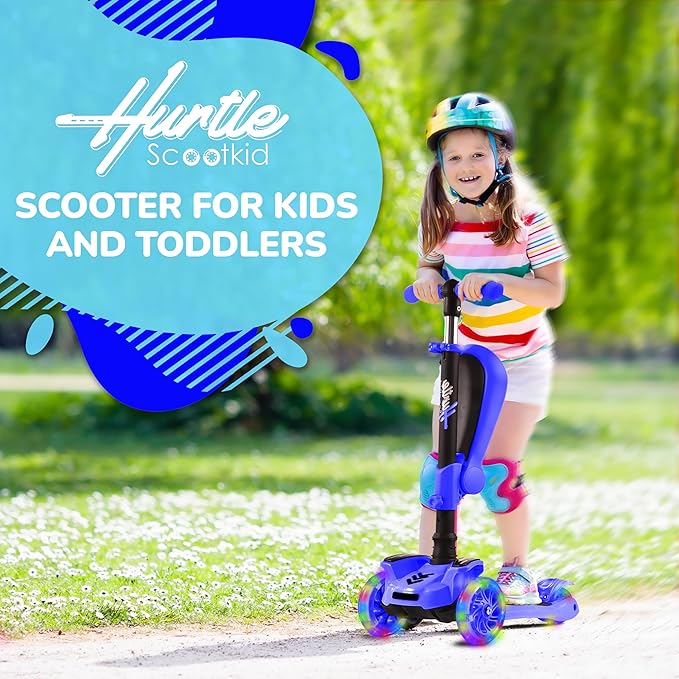 Hurtle 3-Wheeled Scooter for Kids - Wheel LED Lights, Adjustable Lean-to-Steer Handlebar, and Foldable Seat - Sit or Stand Ride with Brake for Boys and Girls Ages 1-14 Years Old-BubblyBeeBaby