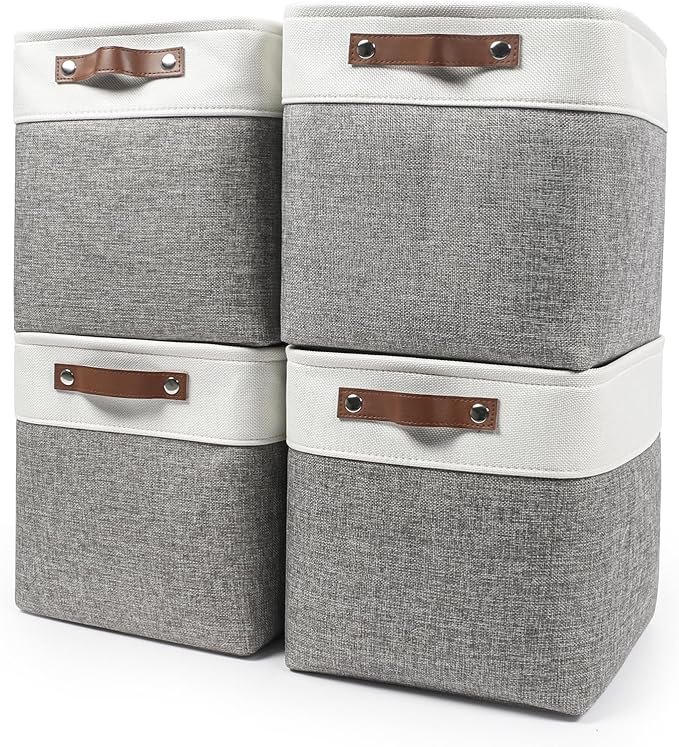 13x13 Cube Storage Bins, Collapsible Fabric Storage Box, 4 Pack Closet Baskets with Handles for Organizing, Shelf, Toys, Clothes, Home, Office, Nursery (Grey&White)-BubblyBeeBaby