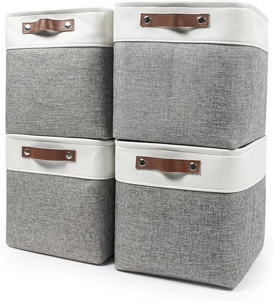 13x13 Cube Storage Bins, Collapsible Fabric Storage Box, 4 Pack Closet Baskets with Handles for Organizing, Shelf, Toys, Clothes, Home, Office, Nursery (Grey&White)-BubblyBeeBaby