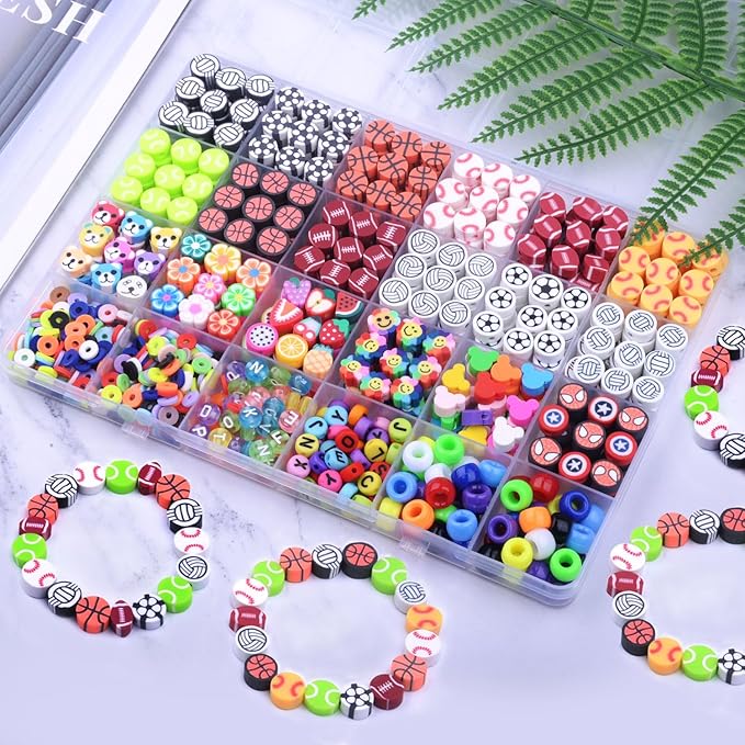 1000PCS Sports Polymer Clay Beads Bracelet Making kit, 24 Style Cute Fun Ball Beads Baseball Basketball Soccer Rugby Volleyball Football Charms, DIY Bracelet Making kit-BubblyBeeBaby
