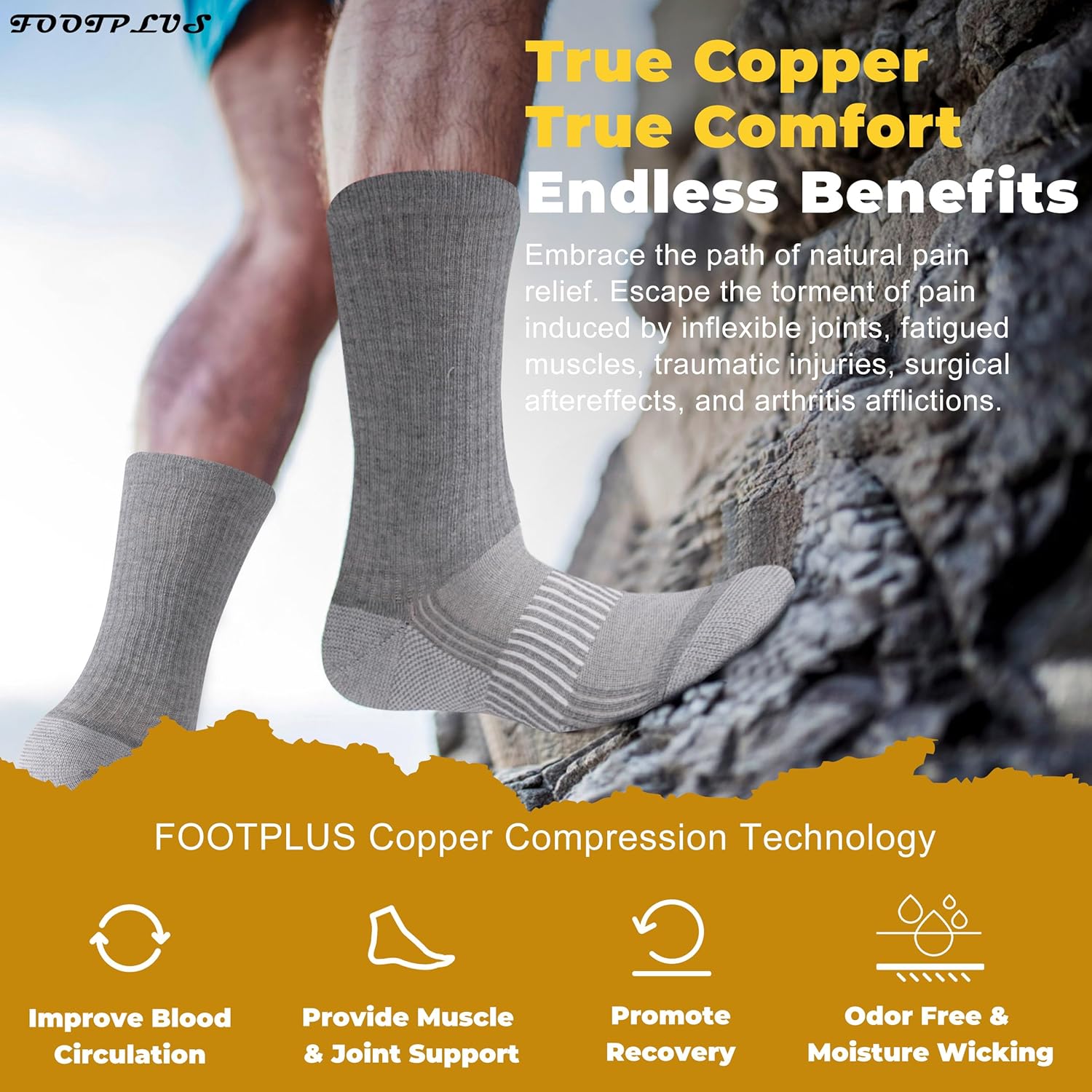 FOOTPLUS Hiking Copper Compression Socks,Unisex Cushioned Sole Arch Support Athletic Crew Running Socks