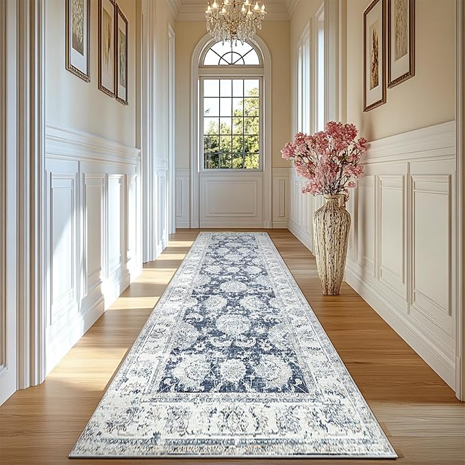jinchan Long Hallway Runner Rug 2x12 Machine Washable Runner Rug Dark Blue Vintage Floral Design Non-Slip Ultra-Thin for Kitchen Laundry Room Bedroom Farmhouse (2‘x12',Dark Blue)-BubblyBeeBaby