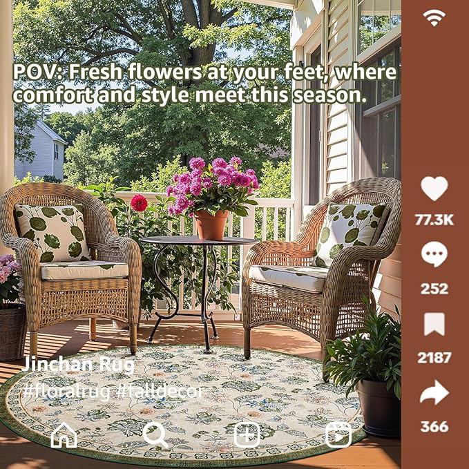 jinchan 7ft Floral Round Rug for Dining Room Washable Living Room Rug Vintage Romance Design Non Slip Indoor Floor Cover Lightweight Low-Profile Throw Carpet for Bedroom Porch Patio, Green/Beige-BubblyBeeBaby