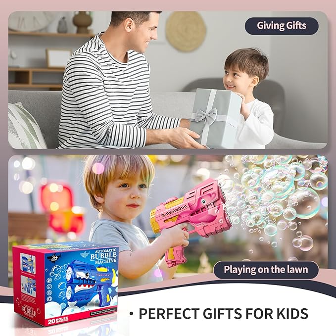 Jasny 2 Pack Rechargeable Dino Bubble Guns for Kids, LED Light Up Bubbles Machine Blower with 2 Bottles Refill Solution for Toddlers, Summer Wedding Toys Gift-BubblyBeeBaby