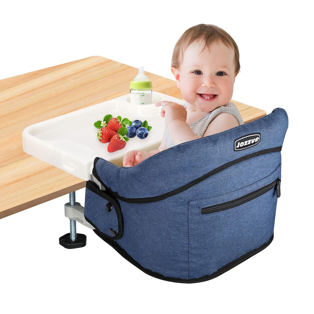 Hook On High Chair, Jozzve Clip on High Chair with Removable Dining Tray for Babies and Toddlers, Fold-Flat Storage Portable Baby Feeding Seat, Attach to Fast Table Chair for Home Travel (Navy)