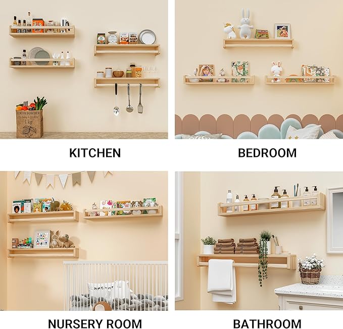 Heimlove 32 Inch Nursery Floating Shelves, Wood Nursery Book Shelves for Wall, Wall Bookshelf for Kids Solid Wood Wall Mounted Shelves for Books,Toys and Decor Storage, Set of 2-BubblyBeeBaby