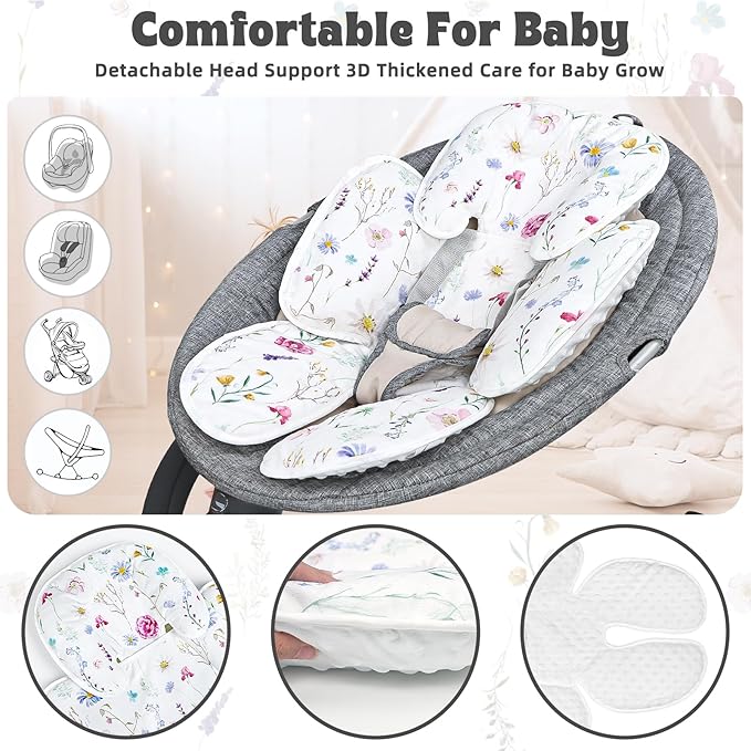 Pea Pod Infant Car Seat Pad 2-in-1 Baby Car Seat Head & Body Support for Newborn Girl Reversible 3 Layer Warm Preemie Carseat Stroller Cushion Headrest with Soft Minky Dot Fabric, Wildflower-BubblyBeeBaby