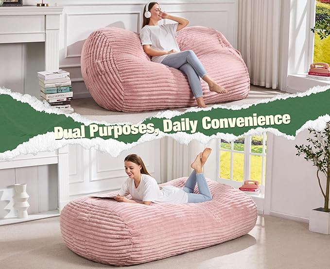 Hobestluk 5FT Bean Bag Chairs Adult Bean Bag with Portable Handle Comfy Large Bean Bag Lounge Chair with Removable Cover for Living Room Bedroom (Stripe Pink, 5FT)-BubblyBeeBaby
