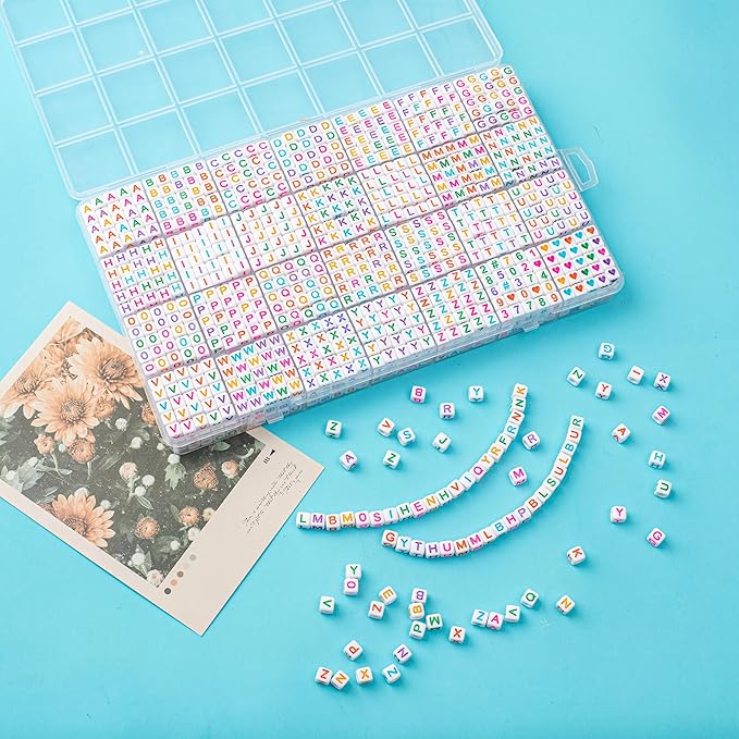 1400pcs Letter Beads, 6x6 mm Acrylic Alphabet Beads, Beads for Jewelry and Bracelet Making, in 28 Grid Box (White and Colorful)-BubblyBeeBaby