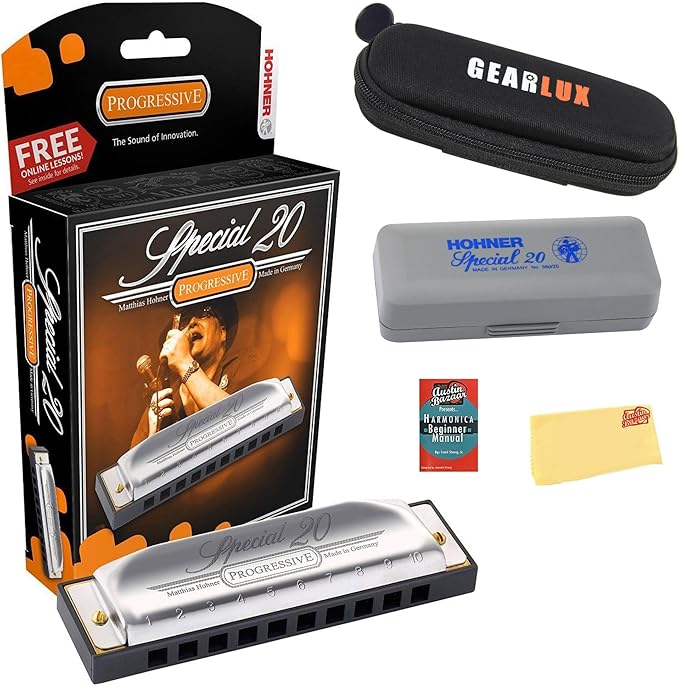 Hohner Special 20 Harmonica - Key of A Bundle with Case, Pouch, Online Manual, and Austin Bazaar Polishing Cloth-BubblyBeeBaby
