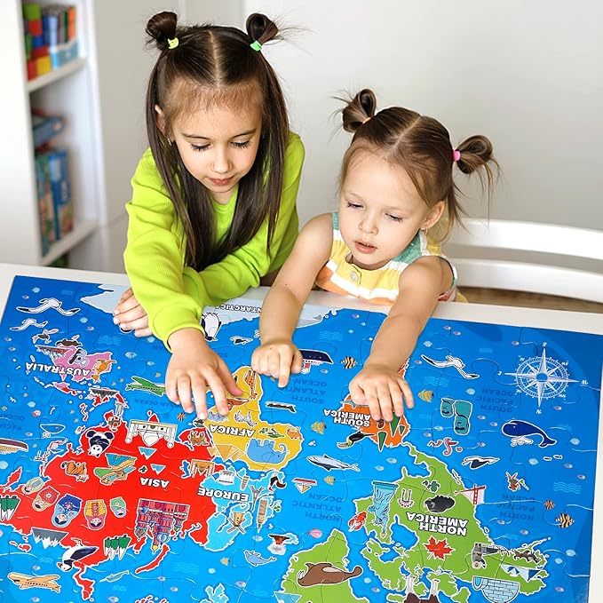 Jumbo Floor Puzzle for Kids,World Map Jigsaw Geography Puzzles,48 Piece Globe Atlas Puzzle with Continents,United States Puzzle for Ages 3-5,Preschool Learning Toys Gift for 4-8 Years Old-BubblyBeeBaby
