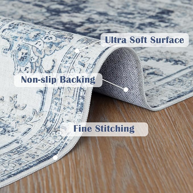 jinchan Runner Rug 3x8-2pcs Kitchen Washable Vintage Hallway Rug Floral Print Floor Cover Indoor Thin Retro Mat Accent for Bathroom Laundry Room Bedroom Office Farmhouse (Double,Dark Blue)-BubblyBeeBaby