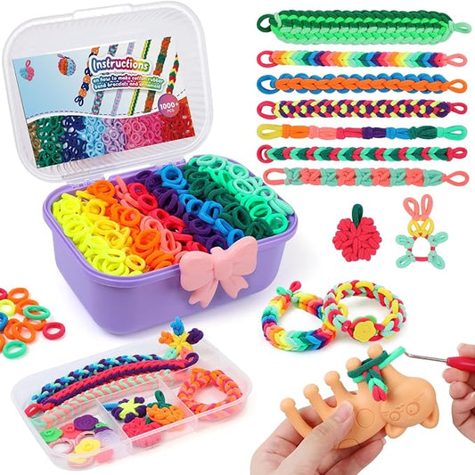 IQBOX Bracelet Making Kit Arts and Crafts for Girls Ages 8-12, Weaving Loom Rainbow Bands DIY Toys Birthday Gifts for Kids 6 7 9 10 11 13 Year Old, 1000+ Elastic Cloth Rubber Band Fabric Loops-BubblyBeeBaby