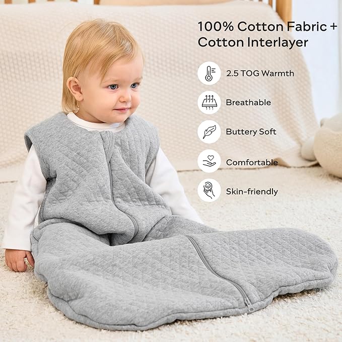 JELLYMONI Baby Sleep Sack TOG 2.5, 6-12 Months Winter Baby Wearable Blanket, 100% Cotton Infant Sleeping Sack 2-Way Zipper Warm Quilted Sleepsack-BubblyBeeBaby