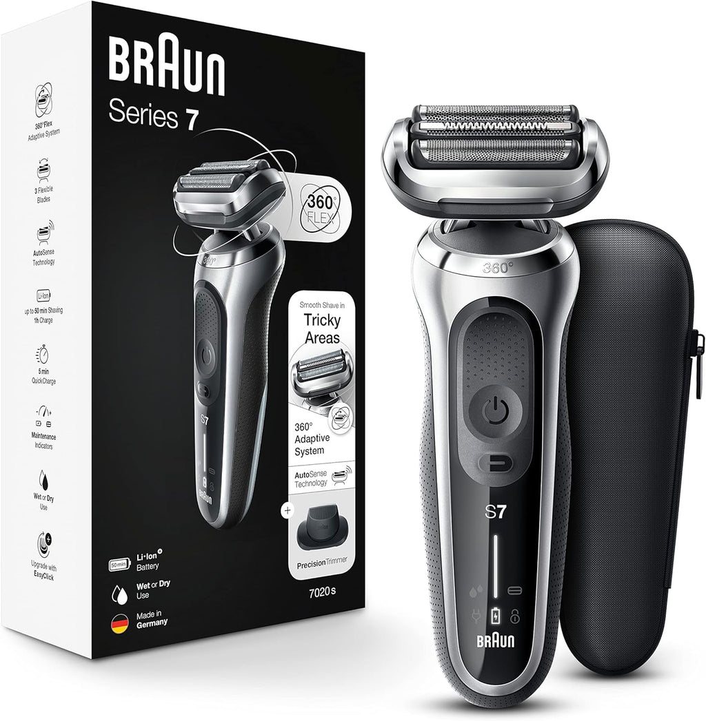 Braun Electric Razor for Men, Series 7 360 Flex Head Foil Shaver with Precision Beard Trimmer, Rechargeable, Wet & Dry and Travel Case, Black, 5 Piece Set