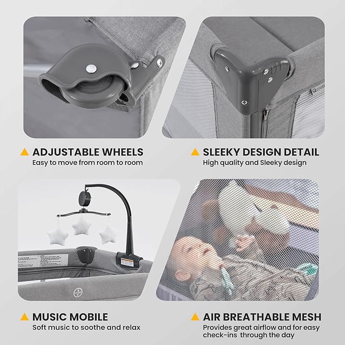 2-in-1 Baby Playard, Pack and Play Bassinet, Easy Folding Portable Crib with Music Mobile for Newborn to Toddlers (Grey)-BubblyBeeBaby