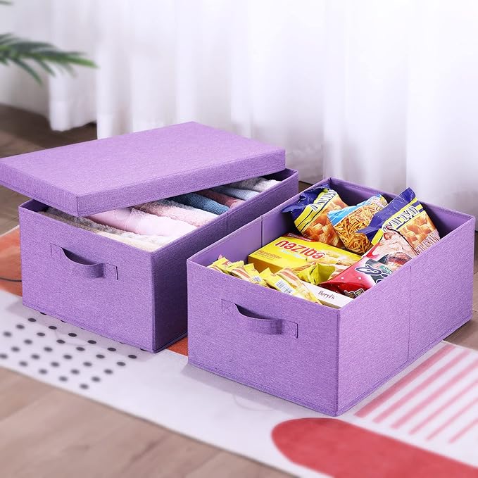 HOONEX Foldable Storage Bins with Lids, Pack of 2, Storage Boxes with 2 Carrying Handles and Sturdy Heavy Cardboard, 16.5" L x 11.8" W x 7.5" H for Shoes, Books, Clothes, Purple-BubblyBeeBaby