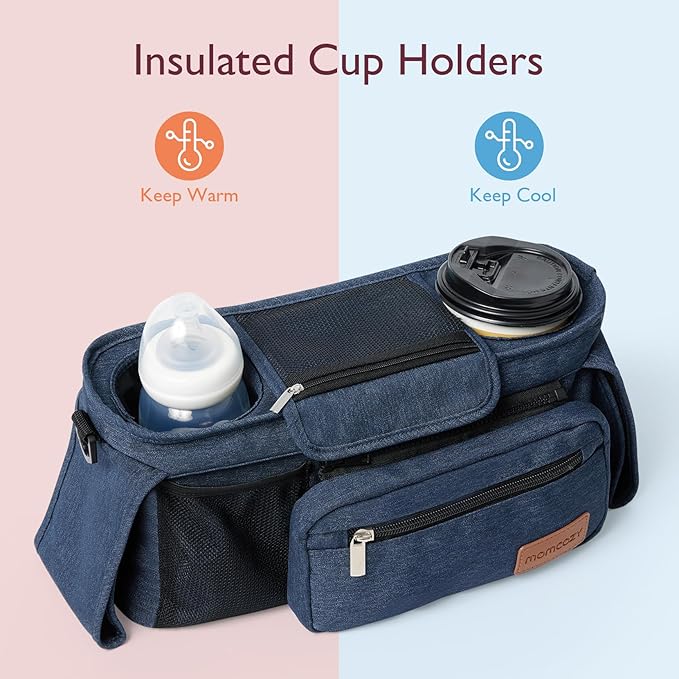 Momcozy Universal Stroller Organizer with Insulated Cup Holder Detachable Phone Bag & Shoulder Strap, Fits for Stroller like Uppababy, Baby Jogger, Britax, BOB, Umbrella and Pet Stroller-BubblyBeeBaby