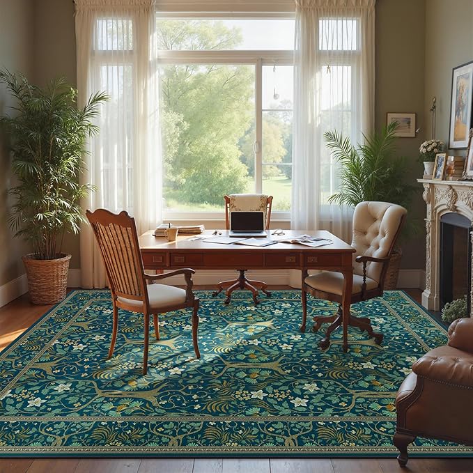 Joydeco Washable Large Area Rug 8x10, Boho Floral Rugs for Living Room Non Slip, Soft Low-Pile Botanical Forest Indoor Floor Throw Carpet for Dining Home Office Playroom, Dark Blue-BubblyBeeBaby